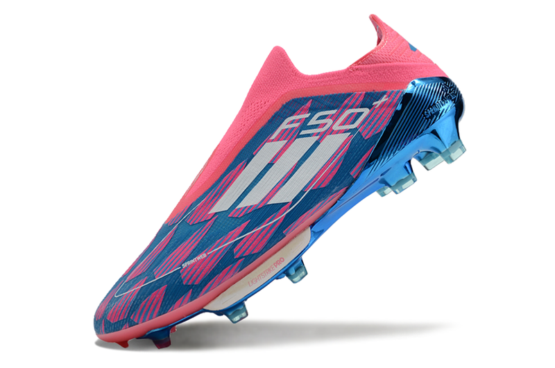 Chuteira Campo Adidas F50+ LL FG Rosa, Azul e Branca "Re-Emergence Pack"