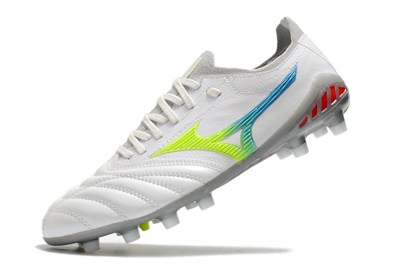 Chuteira Campo Mizuno Morelia Neo 3 FG Branca, Azul e Verde