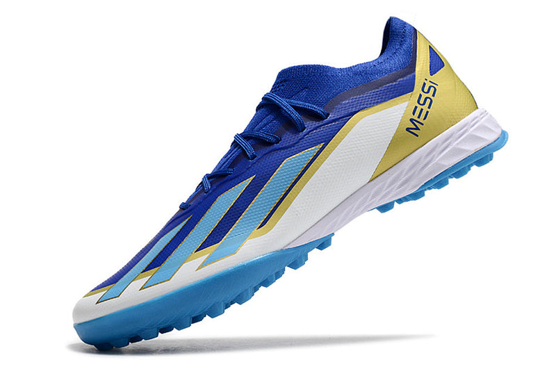 Chuteira Society Adidas X Crazrfast Messi .1 TF Azul, Branca e Dourada "Spark Gen10s"