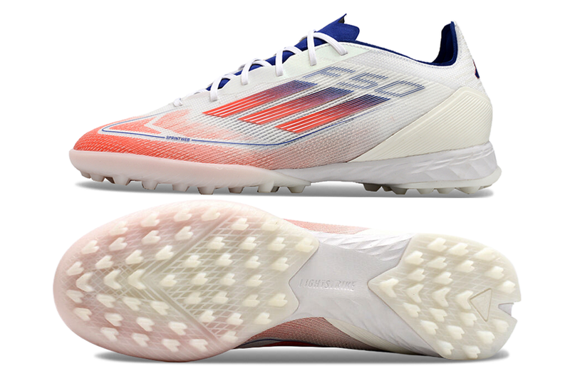 Chuteira Society Adidas F50 TF Branca, Azul e Vermelha "Advancement Pack"