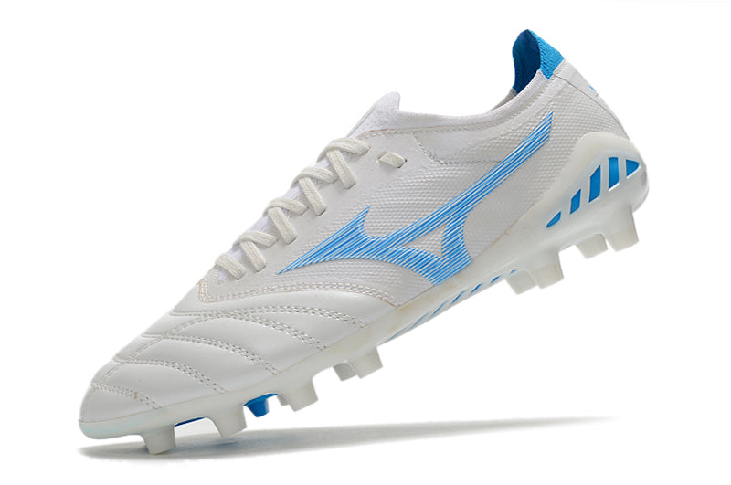 Chuteira Campo Mizuno Morelia Neo 3 FG Branca e Azul