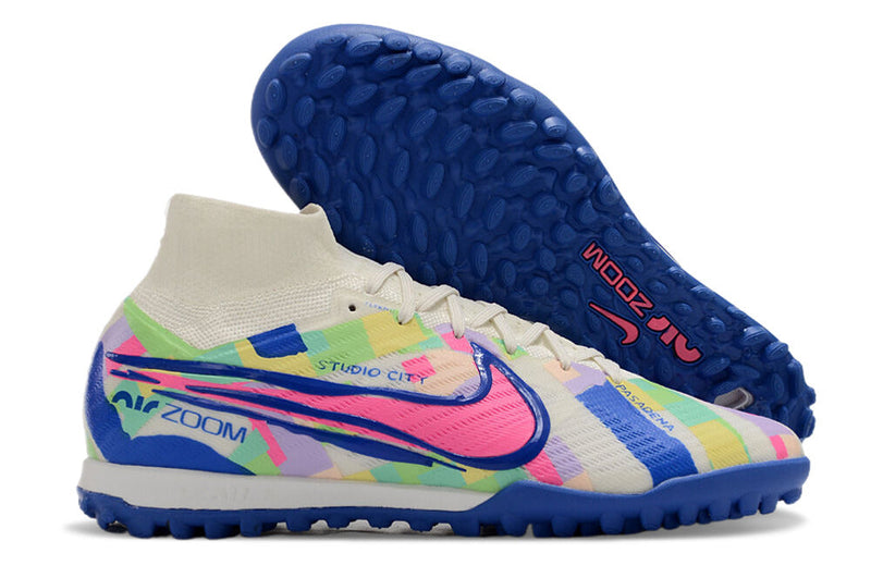 Chuteira Society Nike Air Zoom Mercurial Superfly 9 Elite TF Branca, Azul e Rosa "SoCal Pack"