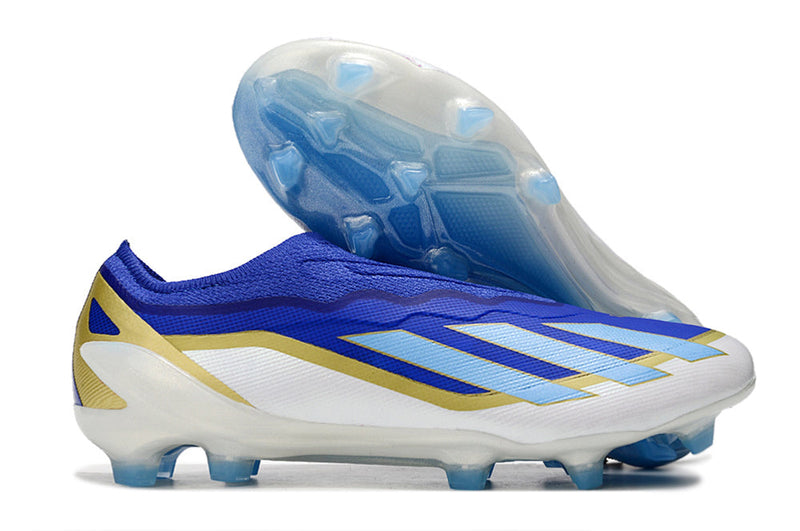 Chuteira Campo Adidas X Crazyfast Messi.1 FG Azul, Branco e Dourado "Spark Gen10s"