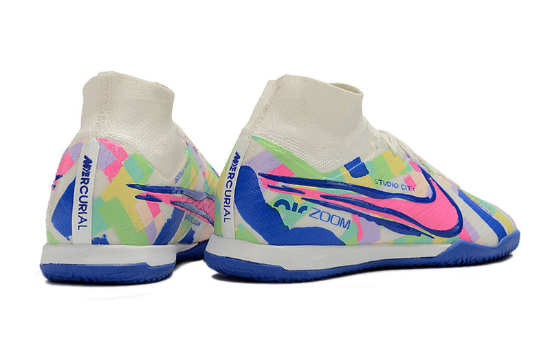 Chuteira Futsal Nike Air Zoom Mercurial Superfly 9 Elite IC Branca, Azul e Rosa "SoCal Pack"