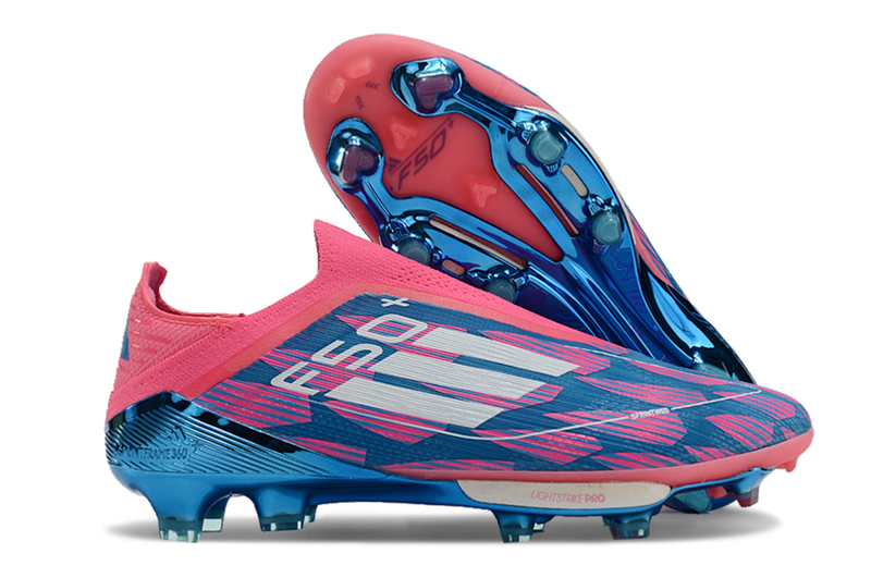 Chuteira Campo Adidas F50+ LL FG Rosa, Azul e Branca "Re-Emergence Pack"