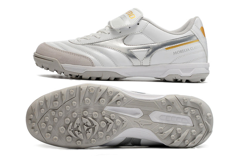 Chuteira Society Mizuno Morelia 3 TF Branca e Prata "Beta Shining"