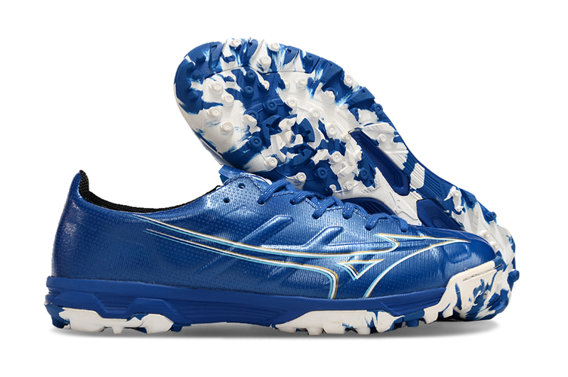 Chuteira Society Mizuno Alpha TF Azul e Branca "Mugen Pack"