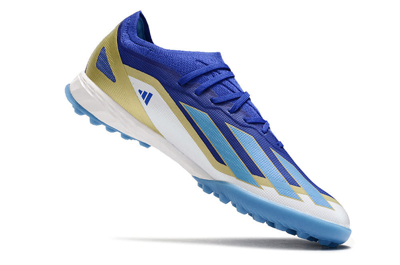 Chuteira Society Adidas X Crazyfast Messi.1 TF Azul, Branco e Dourado "Spark Gen10s"