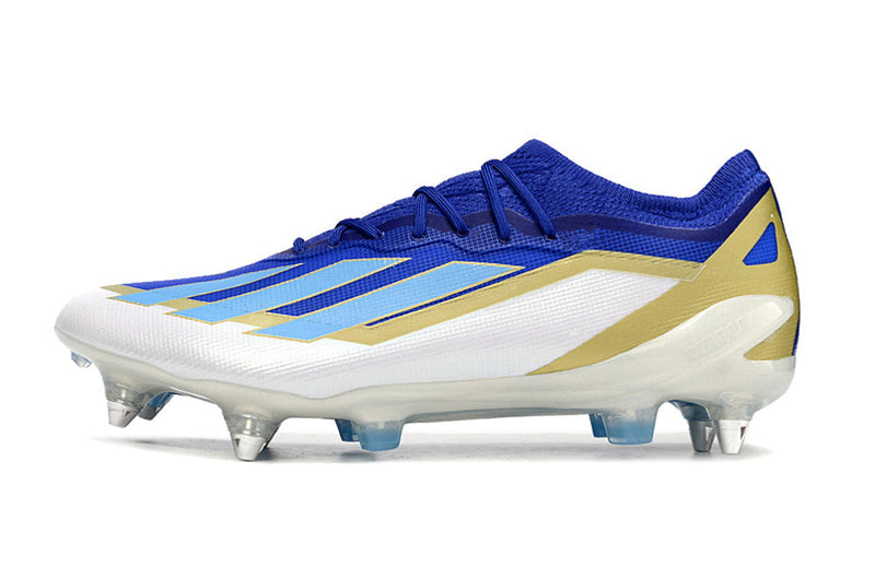 Chuteira Campo Adidas X Crazyfast Messi.1 Ponta de Aluminio Azul, Branco e Dourado "Spark Gen10s"