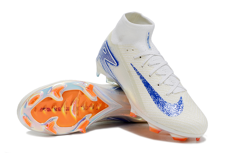 Chuteira Campo Nike Air Zoom Mercurial Superfly 10 Elite FG Branca, Azul e Laranja "Blueprint Pack"