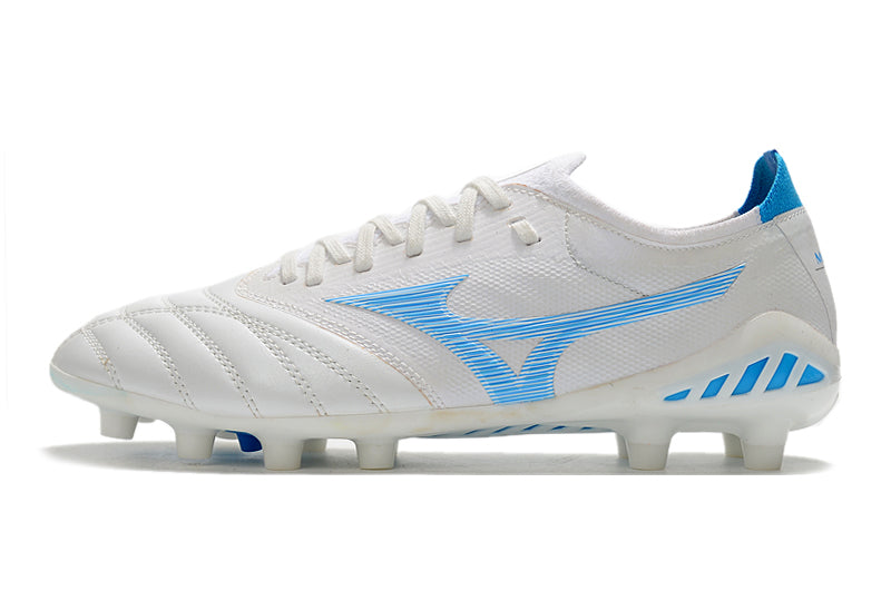 Chuteira Campo Mizuno Morelia Neo 3 FG Branca e Azul