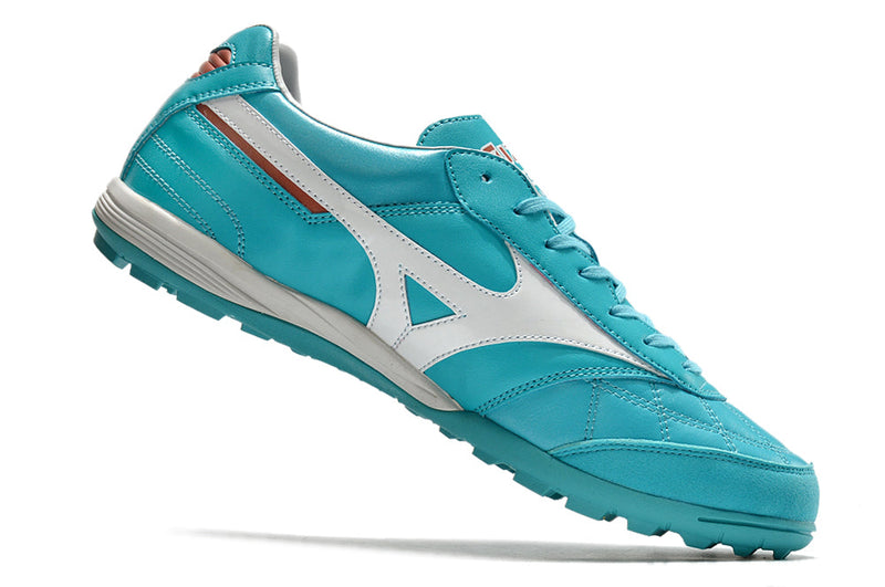 Chuteira Society Mizuno Morelia Sala Japan TF Azul e Branca "Azure Blue Pack"