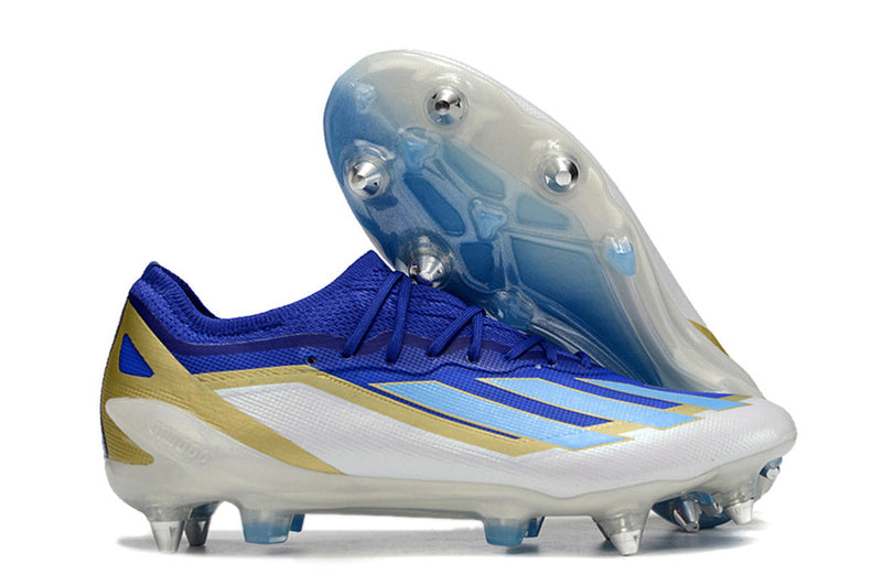 Chuteira Campo Adidas X Crazyfast Messi.1 Ponta de Aluminio Azul, Branco e Dourado "Spark Gen10s"