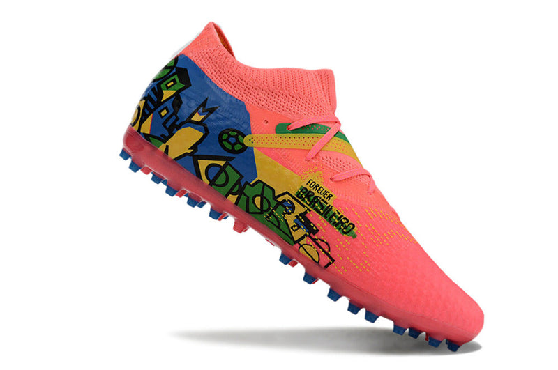 Chuteira Society Puma Future 7 MG Rosa, Azul, Verde e Amarelo "Brazil Pack"