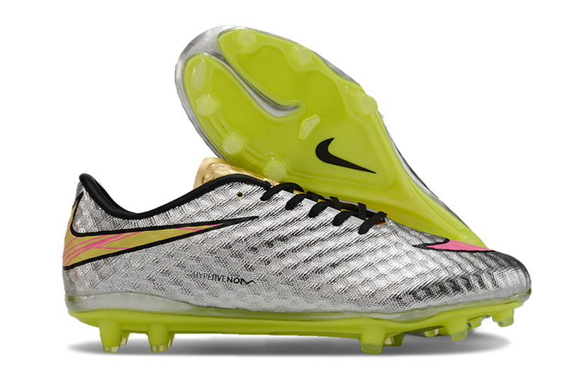 Chuteira Campo Nike Retrô Hypervenom Phantom I FG Prata, Verde e Dourada