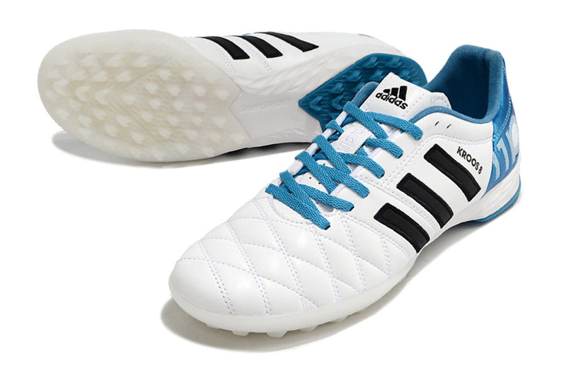 Chuteira Society Adidas AdiPure 11 Pro TF Branca e Azul "Toni Kroos"