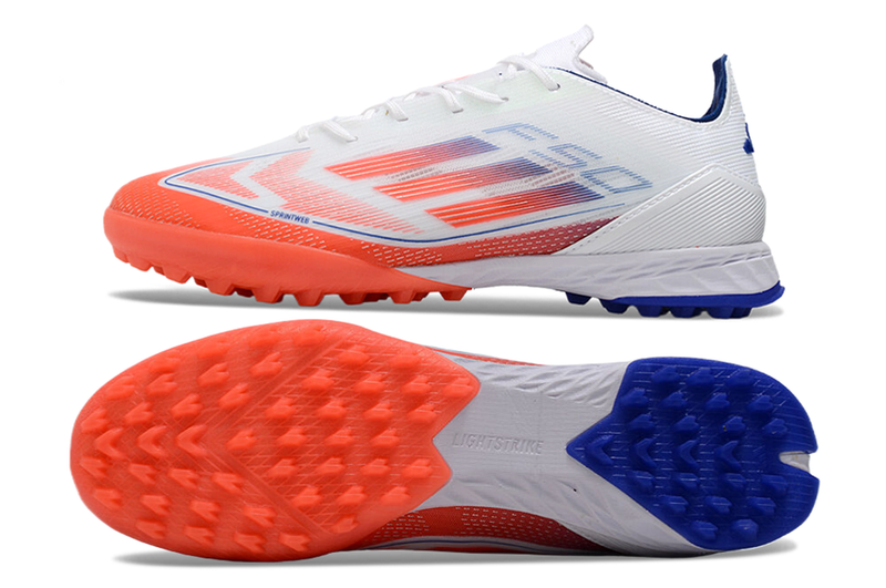 Chuteira Society Adidas F50 TF Branca, Vermelha e Azul "Advancement Pack"