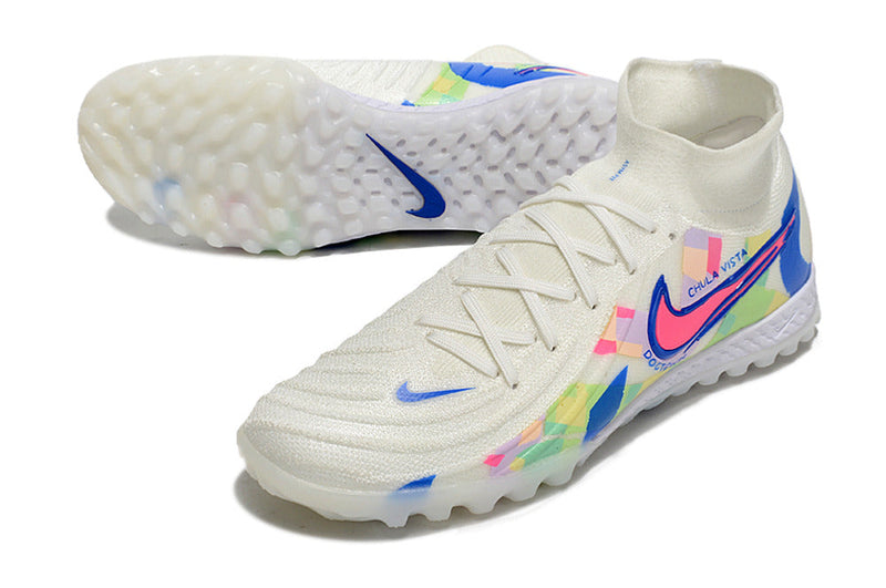 Chuteira Society Nike Phantom Luna 2 Elite TF Branca, Azul e Rosa