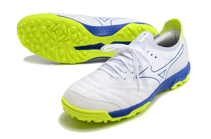 Chuteira Society Mizuno Morelia Neo Beta TF Branca, Azul e Verde "Below Zero"