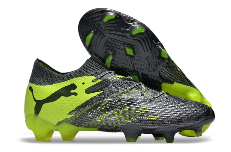 Chuteira Campo Puma Future 7 FG Cinza e Verde "Rush Pack"