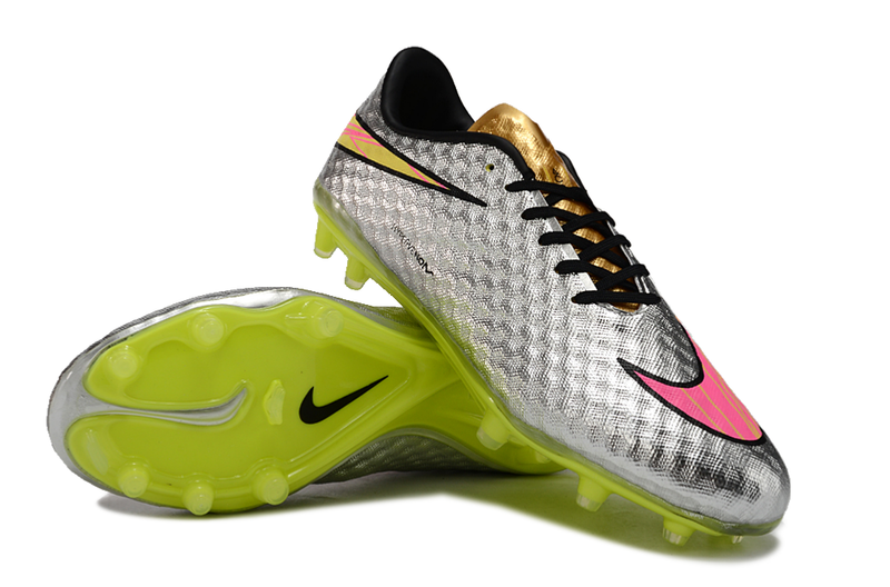 Chuteira Campo Nike Retrô Hypervenom Phantom I FG Prata, Verde e Dourada