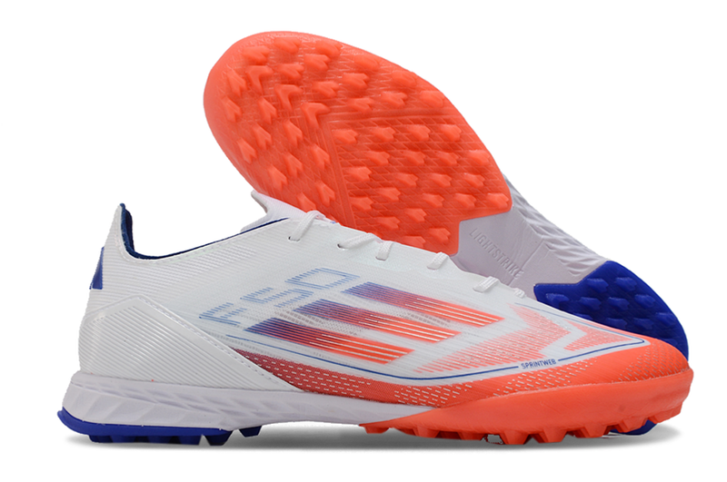 Chuteira Society Adidas F50 TF Branca, Vermelha e Azul "Advancement Pack"