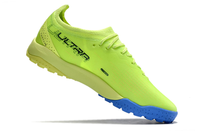 Chuteira Society Puma Ultra Ultimate 1.4 TF Verde e Azul "Fastest Pack"