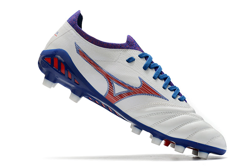 Chuteira Campo Mizuno Morelia Neo 3 FG Branca, Azul e Vermelha