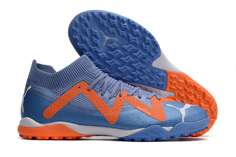 Chuteira Society Puma Future Ultimate TF Roxa e Laranja "Supercharge Pack"