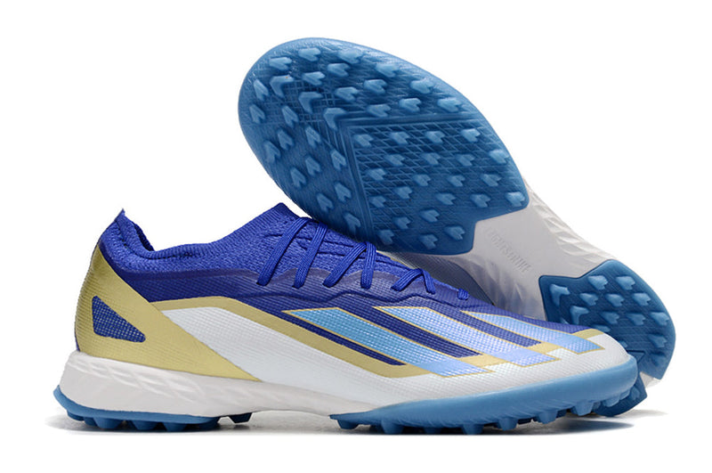 Chuteira Society Adidas X Crazyfast Messi.1 TF Azul, Branco e Dourado "Spark Gen10s"