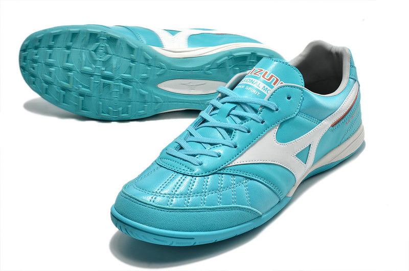 Chuteira Society Mizuno Morelia Sala Japan TF Azul e Branca "Azure Blue Pack"