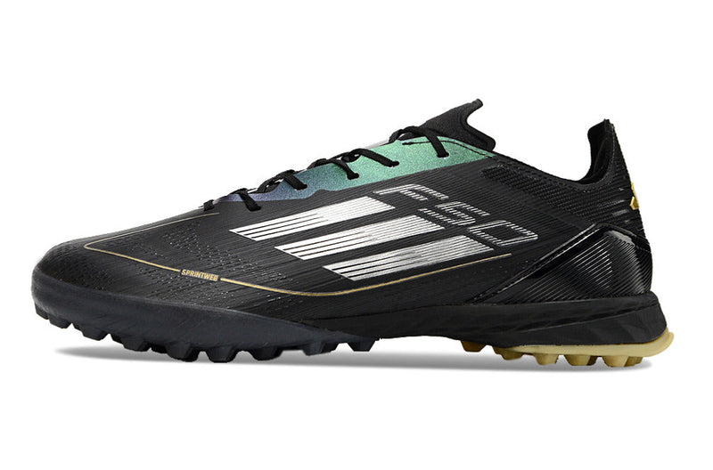 Chuteira Society Adidas F50 TF Preta e Dourada "Dark Spark Pack"