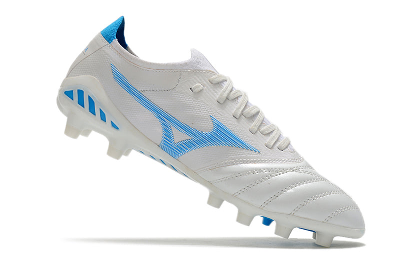 Chuteira Campo Mizuno Morelia Neo 3 FG Branca e Azul