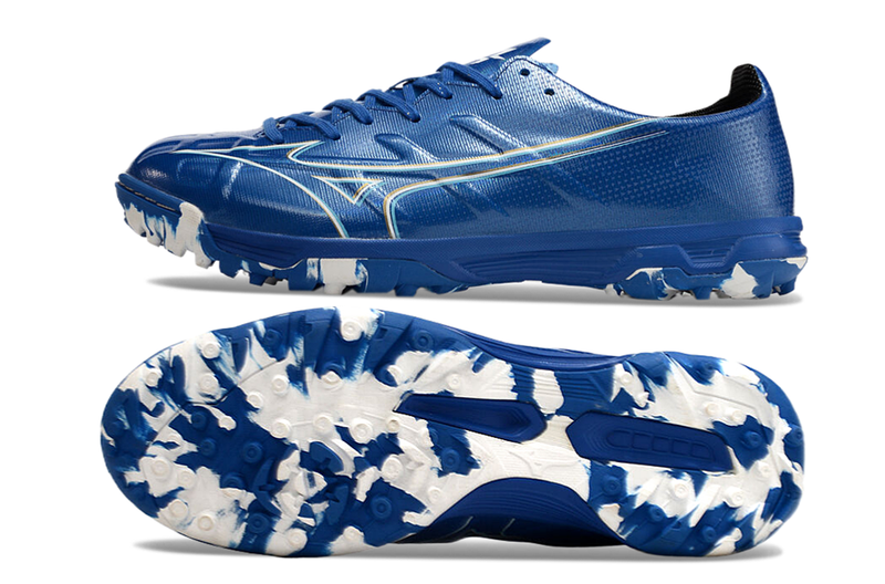 Chuteira Society Mizuno Alpha TF Azul e Branca "Mugen Pack"