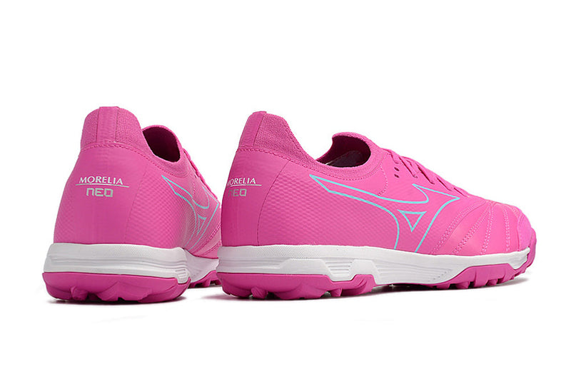 Chuteira Society Mizuno Morelia Neo Beta TF Rosa e Azul