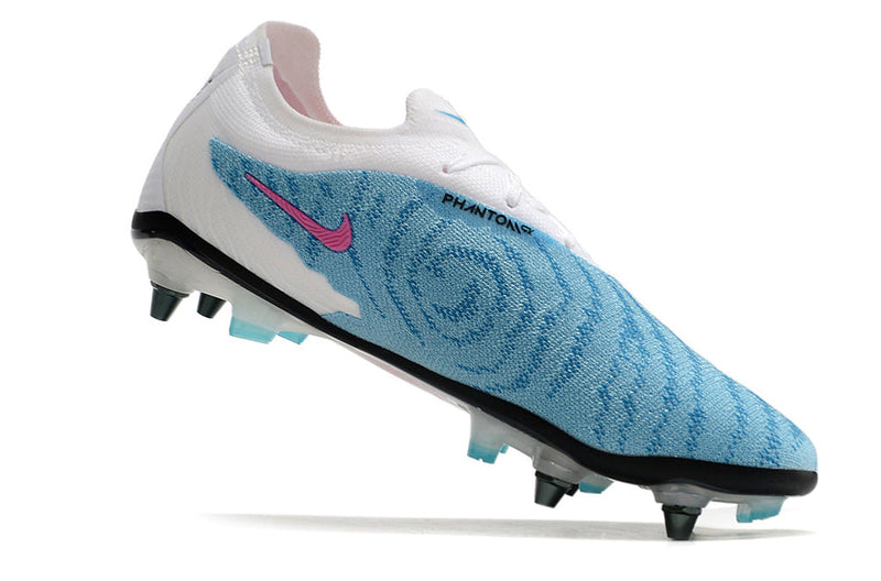 Chuteira Campo Nike Phantom GX Elite Trava Mista Branca e Azul "Blast Pack"