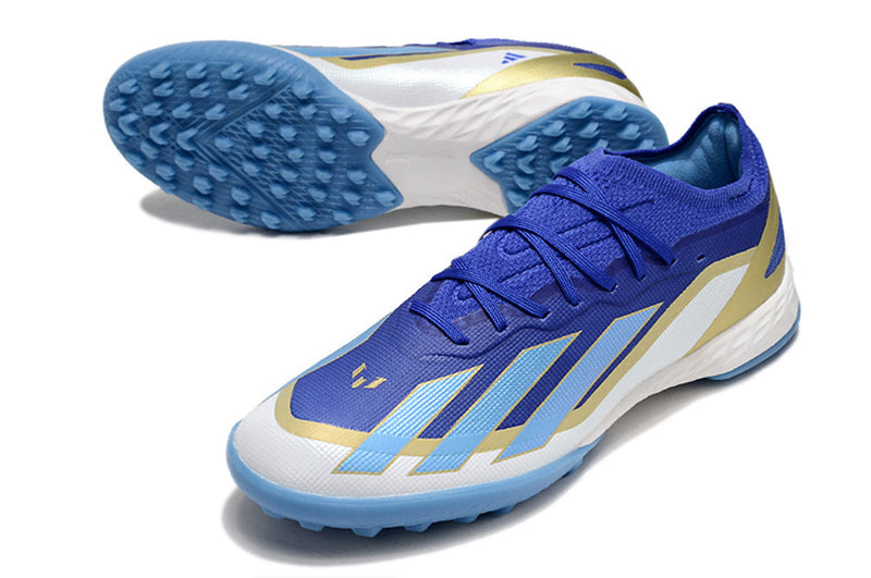 Chuteira Society Adidas X Crazyfast Messi.1 TF Azul, Branco e Dourado "Spark Gen10s"