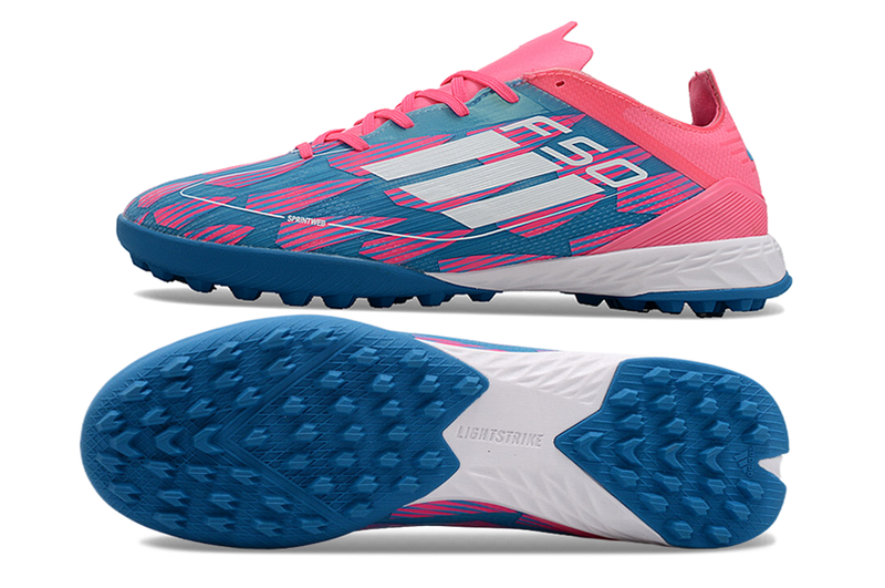 Chuteira Society Adidas F50 TF Azul e Rosa "Re-Emergence Pack"