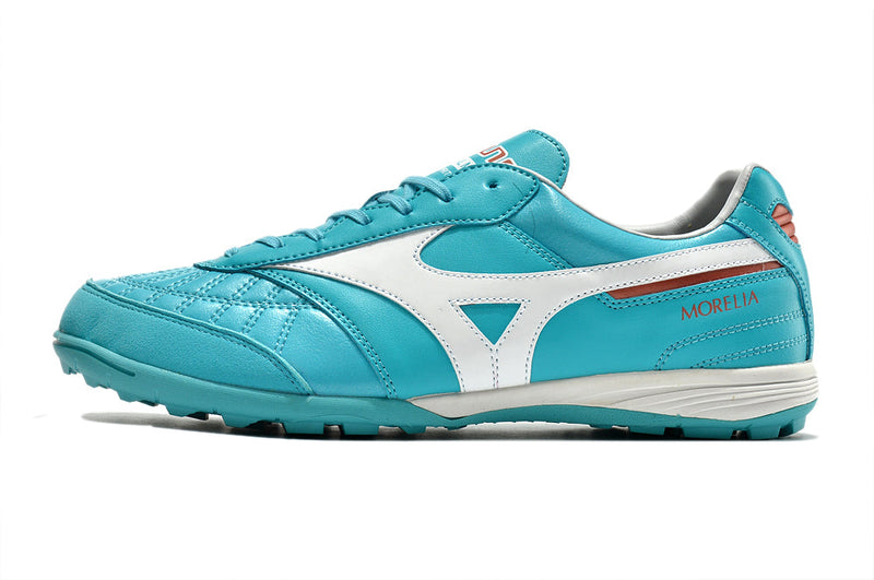 Chuteira Society Mizuno Morelia Sala Japan TF Azul e Branca "Azure Blue Pack"