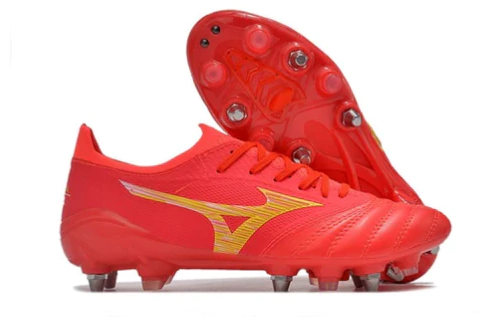 Chuteira Campo Mizuno Morelia Neo 4 Trava Mista Vermelha e Amarelo "Release Pack"