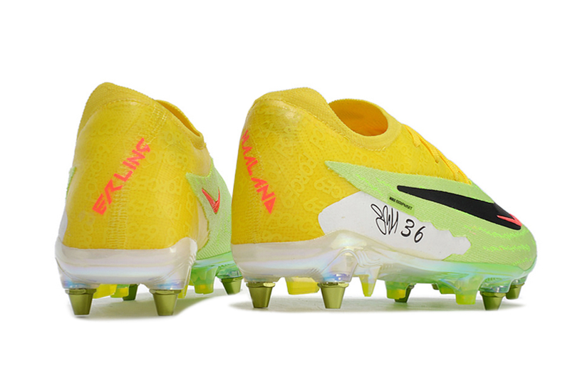 Chuteira Campo Nike Phantom GX Elite Trava Mista Amarela e Verde "Haaland"